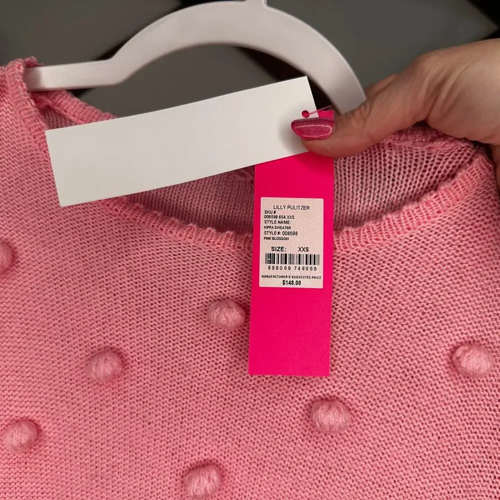 NEW Lilly Pulitzer Kippa Pink Blossom Pom Embellished Puff Sleeve Sweater - Picture 4 of 5